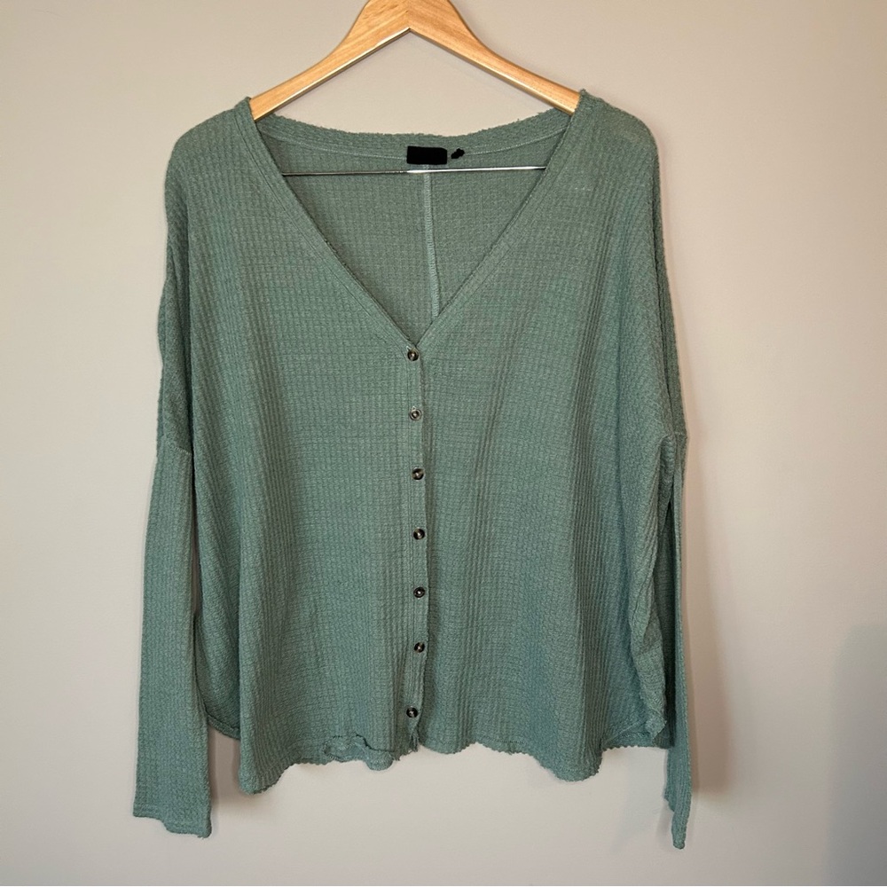 Urban Outfitters Green V-Neck waffle thermal Sweater